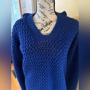 Handmade crocheted sweater in royal blue with hood